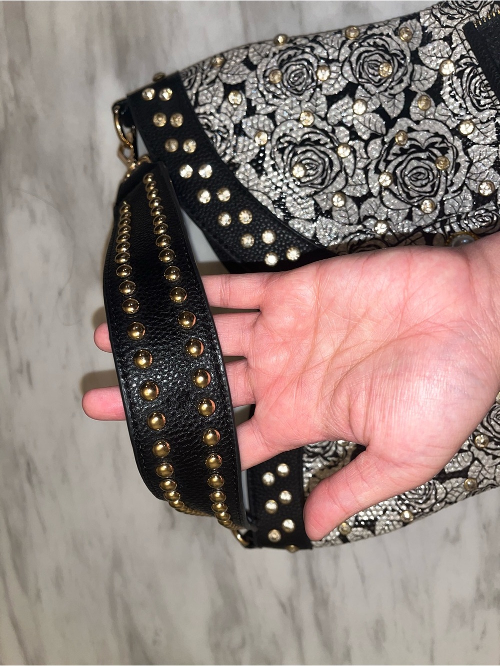 Black & White Rose Studded Corset-Style Shoulder Bag - Picture 7 of 13
